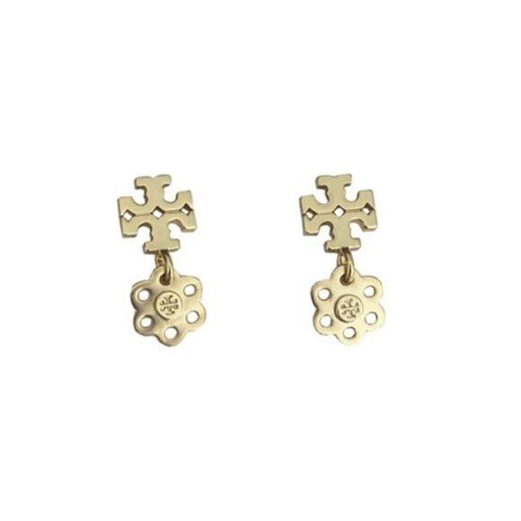 NWOT Tory Burch Silver Logo, Flower Stud Dangle Earrings - Picture 1 of 4
